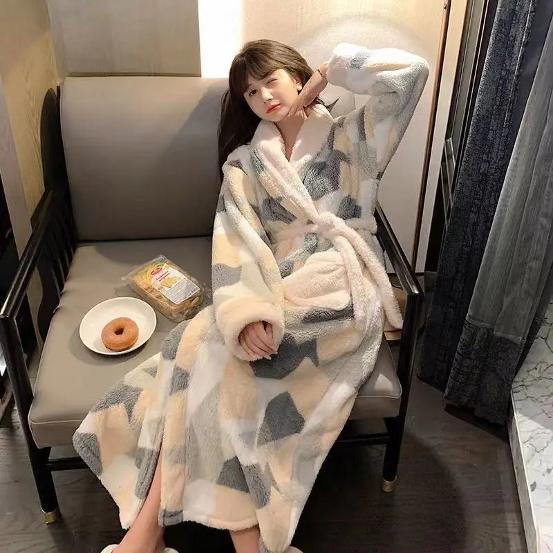 SaneShoppe - Fleece Bathrobe Dressing Gown Women Robe Cozy Night Sleepwear Plus Size