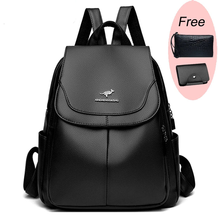 SaneShoppe - Women Large Capacity Backpack High Quality Leather Female Vintage Bag School Bags Travel Bagpack Ladies Bookbag Rucksack Purses