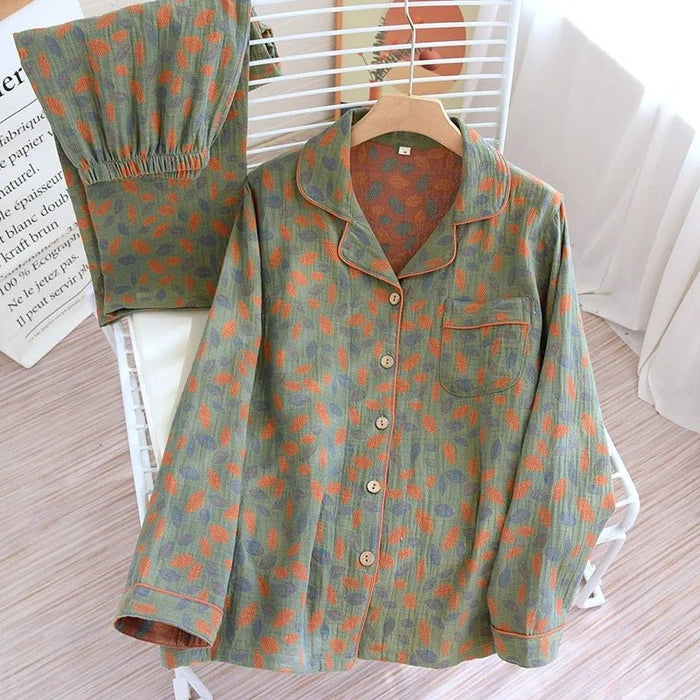 SaneShoppe - Women's Pajama Set Yarn - Dyed Jacquard 100% Cotton Vintage Long 2 Piece Set.