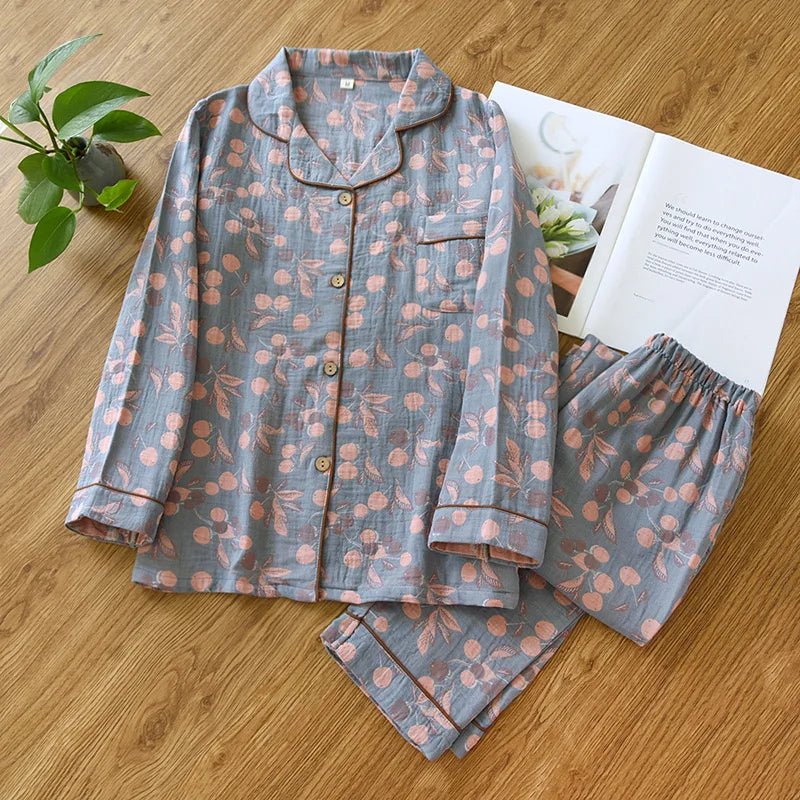 SaneShoppe Women's Pajama Set Yarn - Dyed Jacquard 100% Cotton Vintage Long 2 Piece Set.