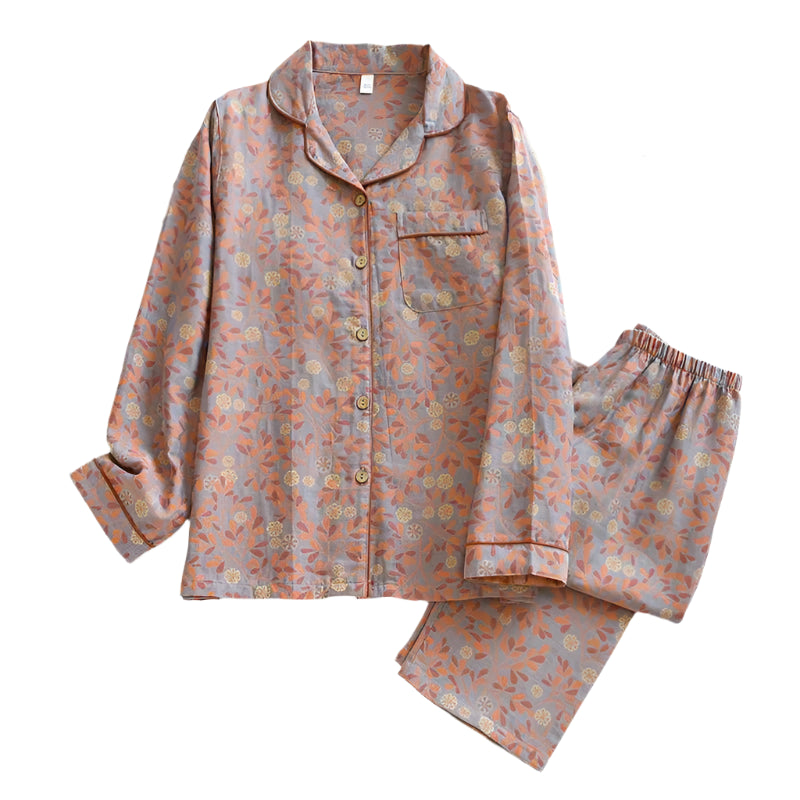 SaneShoppe - 100% Cotton Women's Yarn - Dyed Jacquard Pyjamas, Long - Sleeved 2 - piece Set.