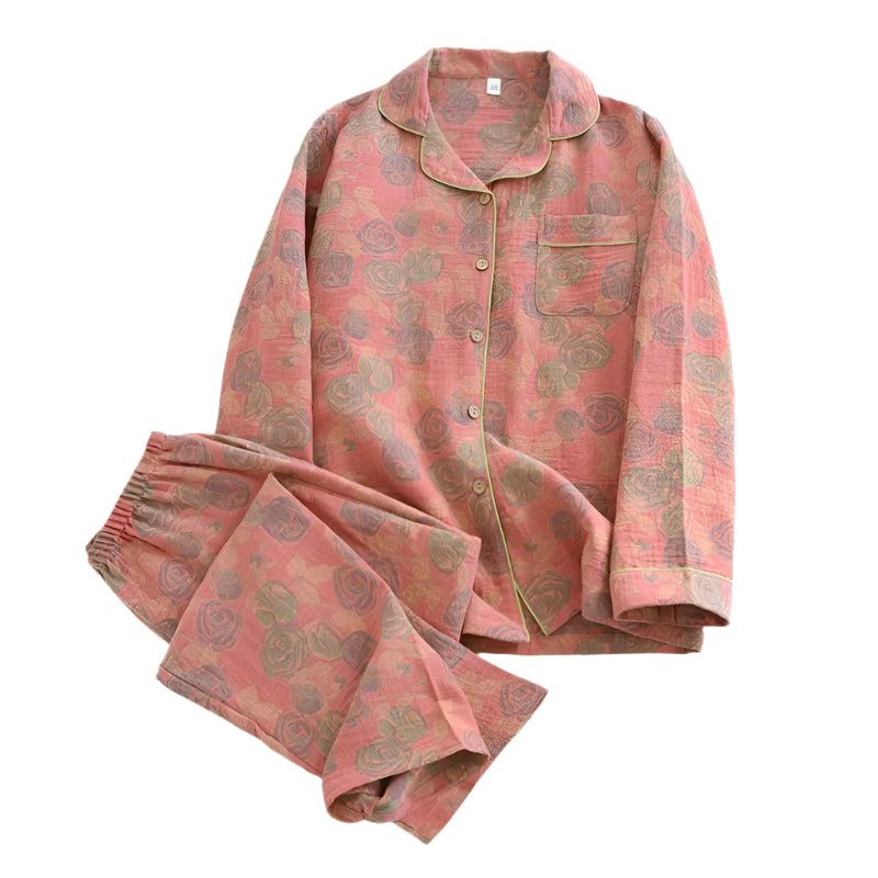 SaneShoppe - 100% Cotton Women's Yarn - Dyed Jacquard Pyjamas, Long - Sleeved 2 - piece Set.