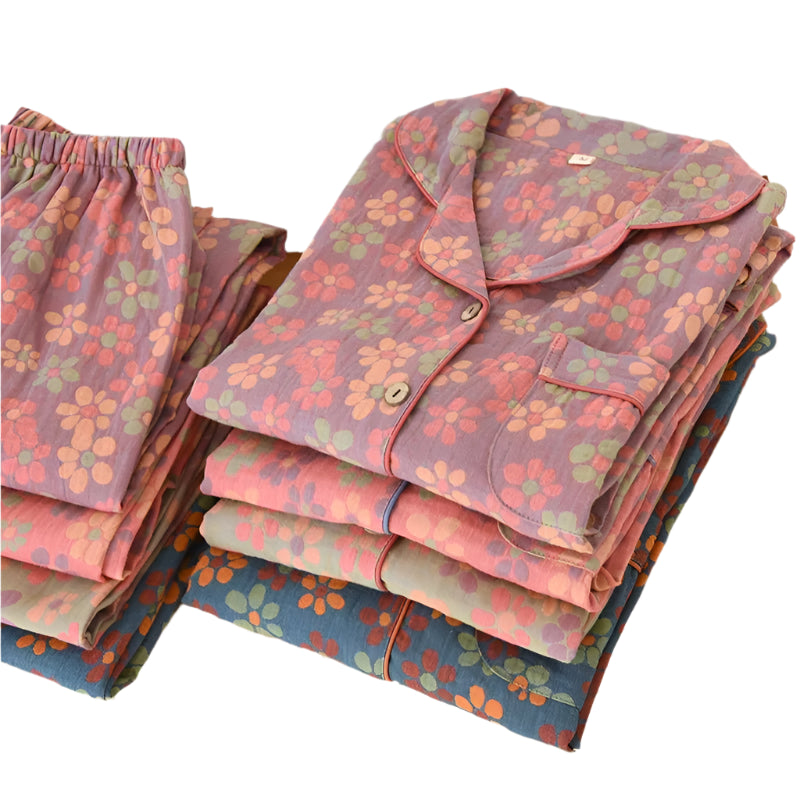 SaneShoppe - 100% Cotton Women's Yarn - Dyed Jacquard Pyjamas, Long - Sleeved 2 - piece Set.