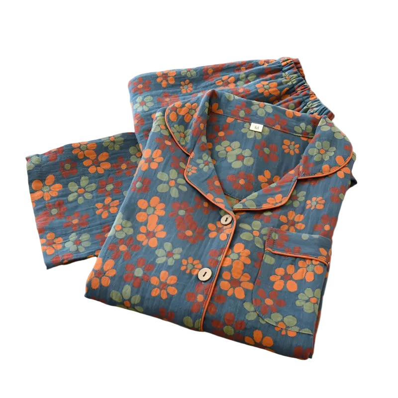 SaneShoppe - 100% Cotton Women's Yarn - Dyed Jacquard Pyjamas, Long - Sleeved 2 - piece Set.