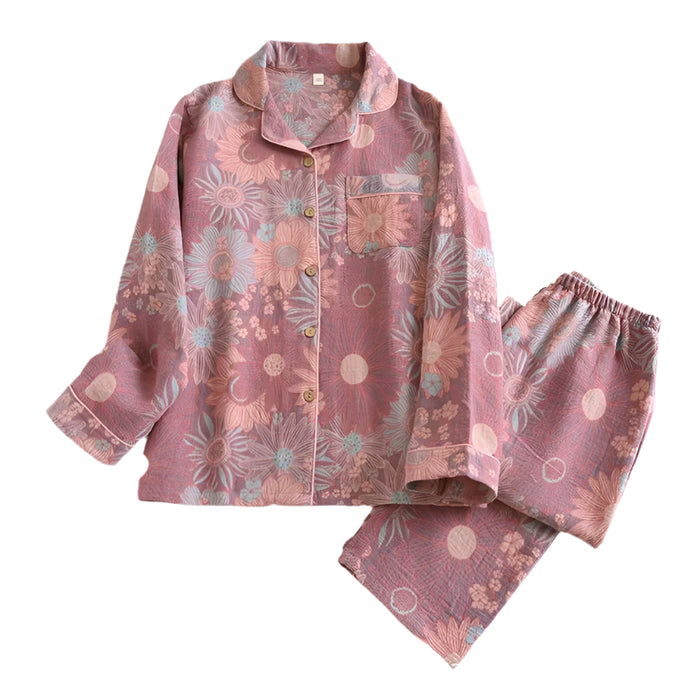 SaneShoppe - 100% Cotton Women's Yarn - Dyed Jacquard Pyjamas, Long - Sleeved 2 - piece Set.