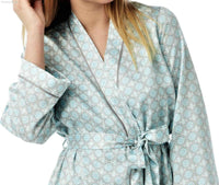 Women's Dressing Gown, Satin Kimono Bathrobe Nightwear Aqua and Coral